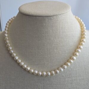 17" White Freshwater Pearl Necklace – 925 Sterling Silver Clasp, Classic Strand